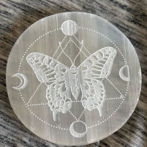 Engraved Butterfly Selenite Crystal Charging Plate